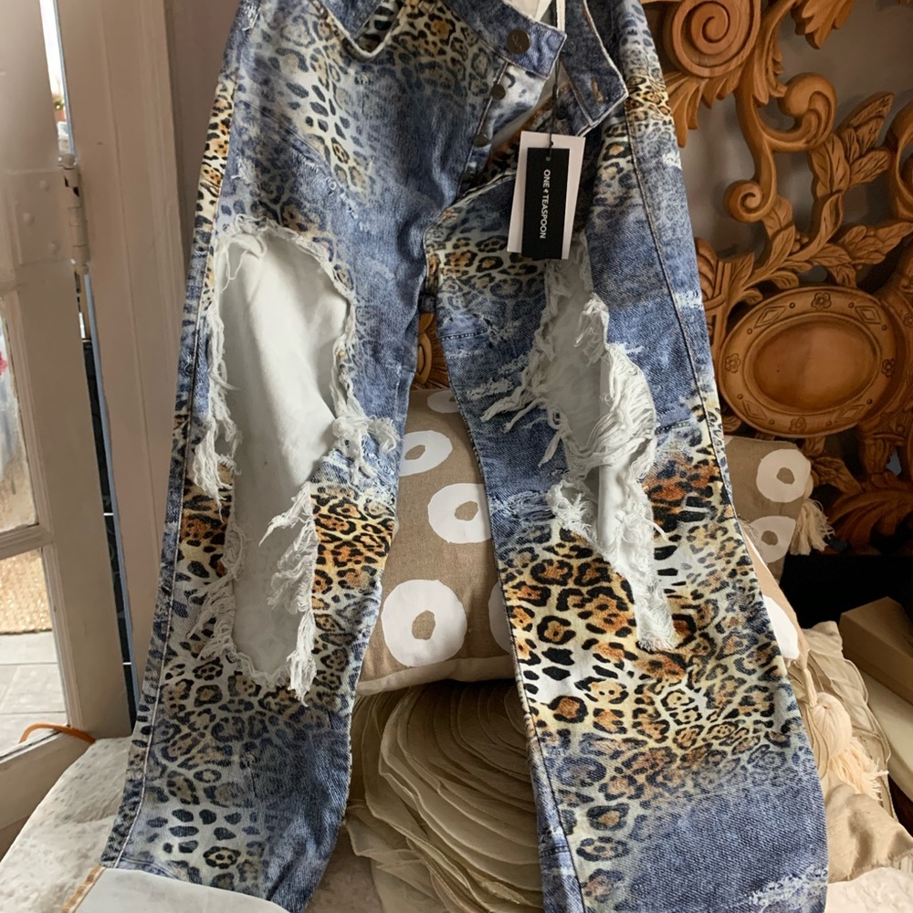 One Teaspoon Blue Leopard Print Straight Leg Jeans